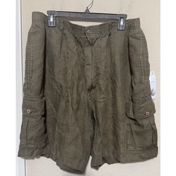 Caribbean 100% Linen Mens Olive Green Cargo Shorts Size 42X8 Drawstring Beach - Picture 1 of 5
